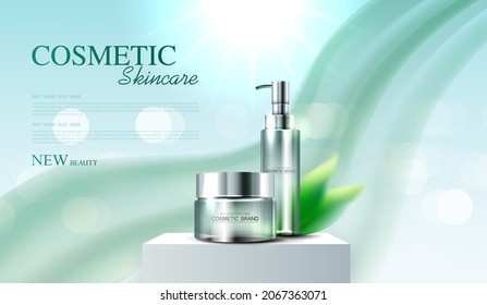 Cosmetic essence or skin care  product ads with bottle, banner ad for beauty products with soft green chiffon and leaves on background glittering light effect. vector design.