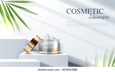 Cosmetic essence or skin care  product ads with bottle, banner ad for beauty products and leaf background glittering light effect. vector design.