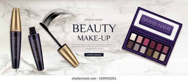 Cosmetic eye shadow palette, mascara tubes with brush stroke mockup on marble background. Make up cosmetics product package design, luxury promo poster template for magazine Realistic 3d vector banner