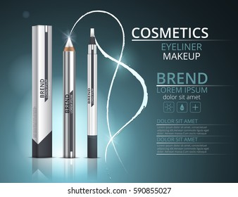 Cosmetic eyeliner. Packaging design logo on a blue background. Vector illustration.