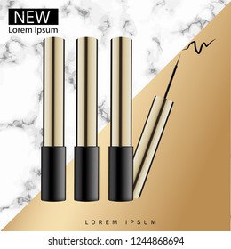 Cosmetic Eyeliner with Packaging Vector Illustration with marble background.