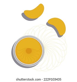 Cosmetic face care, gold face patches and jar with material, vector isolated on white background.