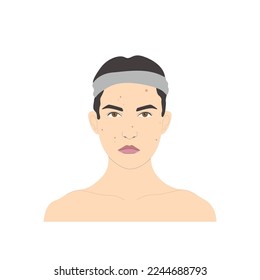 Cosmetic face care, sad woman with pimples, rash or acne, vector isolated on white background.