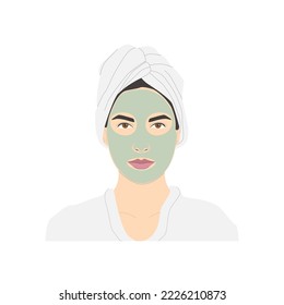 Cosmetic face care, smiling woman applying green mask on her face for good skin condition and moisturizing, vector isolated on white background.