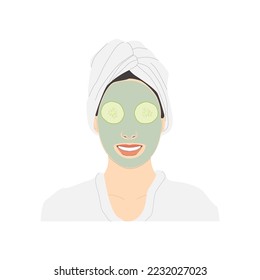 Cosmetic face care, smiling woman with cucumbers on her eyes and applied green mask on her face for good skin condition, vector isolated on white background.