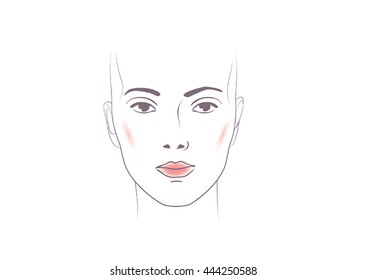 cosmetic face chart, face for make-up, girl face for make-up presentation, vector beautiful female face, portrait, woman's head, facial features