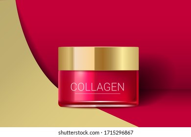 Cosmetic face cream box. Premium ads. Skin cream bottle isolated on red and gold paper background. Color container with lid. Realistic style. Vector illustration.