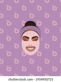 Cosmetic face mask with peach. Cosmetics packaging design. The face of a smiling girl. Peach seamless pattern.