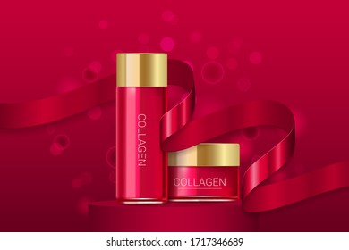 Cosmetic face serum and cream boxes with red ribbon. Premium ads. Skin cream golden bottle isolated on red sparkly and shiny background. Color container with lid. Realistic style. Vector illustration.