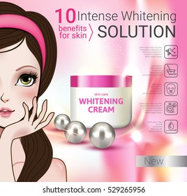 Cosmetic Face Whitening Cream ads. Vector Illustration with Manga style girl and cream container.