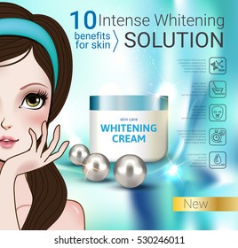 Cosmetic Face Whitening Cream ads. Vector Illustration with Manga style girl and cream container.