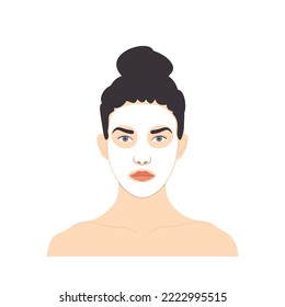 Cosmetic facial care, woman with tied hair with white mask on face, vector isolated on white background