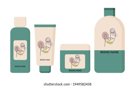 Cosmetic fashion logo design on different cosmetics products. Organic cosmetics. Feminine illustration with line art logo. Vector modern illustration