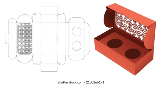 Cosmetic flip box with stenciled pattern on top flip die cut template and 3D mockup
