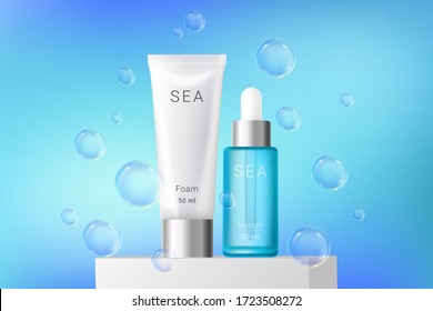 Cosmetic foam and serum with soap bubbles on white square stage. Premium ads. White and blue bottles isolated on blue background. Color container with lid. Realistic 3d style. Vector illustration.
