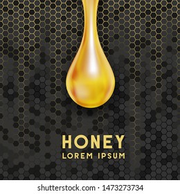 Cosmetic or food packaging with hanging honey or oil drop. Vector design