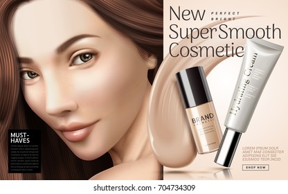 Cosmetic foundation ads, foundation cream texture with container and brunette in 3d illustration, elegant design for fashion industry