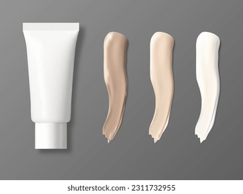 Cosmetic foundation swatches and tube mockup on white background