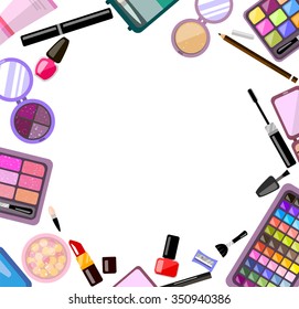 Cosmetic frame background. Bright trendy flat style product. Card and invitation, placard, banner template, vector illustration