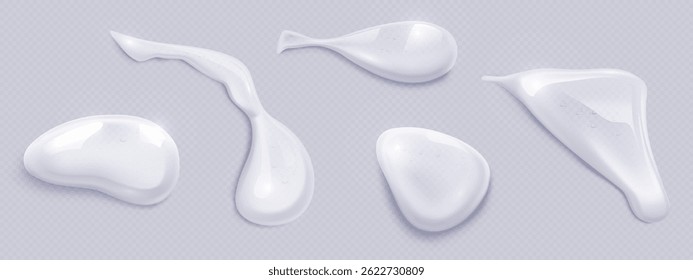 Cosmetic gel drops set isolated on transparent background. Vector realistic illustration of white liquid serum, skin care cream, beauty oil lotion, abstract droplets with glossy surface, fluid swatch