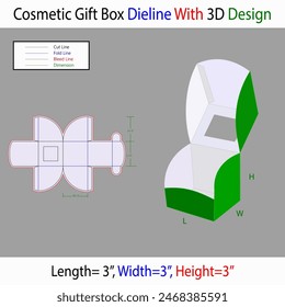 Cosmetic Gift Box L 3’’xW 3’’xH 3’’ Dieline Template. Editable Vector File