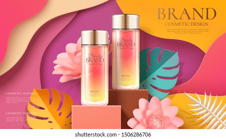 Cosmetic glass bottle ad on square podium and paper art flowers in 3d illustration