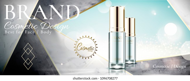 Cosmetic glass bottle on marble stone geometry background in 3d illustration, glitter effect