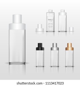 Cosmetic glass bottle (transparent). Liquid container for gel, lotion, cream, shampoo, bath foam. Beauty product package. Vector illustration.