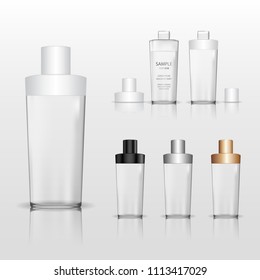 Cosmetic glass bottle (transparent). Liquid container for gel, lotion, cream, shampoo, bath foam. Beauty product package. Vector illustration.