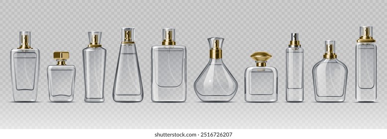 Garrafas de vidro cosmético com elementos dourados apresentando produtos de beleza e desenhos de embalagens de luxo. Realistas vetor 3d cosméticos elegantes maquetes de frasco para perfumes, loções e apresentação de soros