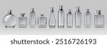 Cosmetic glass bottles with silver elements. Realistic 3d vector transparent cosmetics flasks, stylish and modern sprayer containers for fragrance and scent perfume branding or product presentation