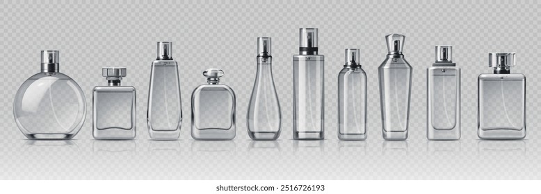 Garrafas de vidro cosmético com elementos prateados. Frascos de cosméticos transparentes vetoriais 3D realistas, recipientes de pulverização elegantes e modernos para fragrância e perfume marca ou apresentação do produto