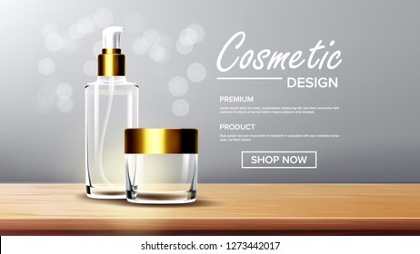 Cosmetic Glass Packaging Vector. Face Care. Fragrance, Collagen. Bottle. Jar. 3D Isolated Transparent Realistic Mockup Template Illustration