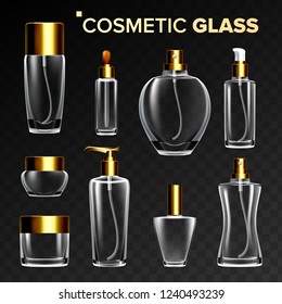 Cosmetic Glass Set Vector. Empty Glass Bottle, Tube, Box, Jar Package. Skincare Beauty Healthy Product For Women's Cosmetics Branding Desig. Isolated Transparent Realistic Mockup Template Illustration