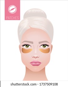 Cosmetic gold eye patches. Beautiful face of a woman with hydrogel gold patches under her eyes taking care of the skin. Express cosmetics. Vector realistic illustration.
