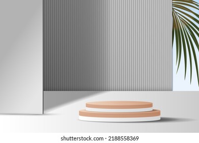 Cosmetic gray background and premium podium display for product presentation branding and packaging presentation. studio stage with shadow of leaf background. vector design.