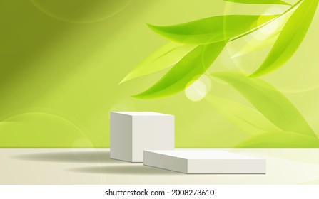 Cosmetic green background and premium podium display for product presentation branding and packaging . studio stage with shadow of leaf background. vector design.