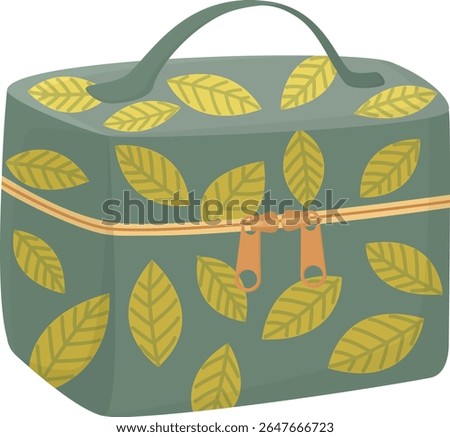 Cosmetic green bag with leaves pattern and zipper. Makeup case isolated on white background. 
