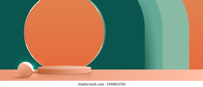 Cosmetic green and orang background and premium podium display for product presentation branding and packaging. empty scene with spherical lights. studio stage vector design.