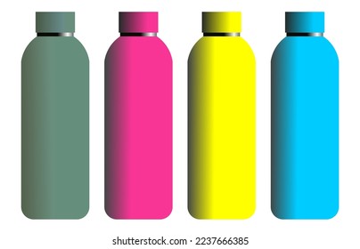 Cápsula de cierre de la botella verde, amarillo, rosa y azul cosmético aislada sobre fondo blanco. Ilustración del vector