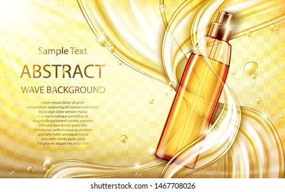 Cosmetic hair care oil realistic vector poster. Glass pump bottle with golden liquid inside, flowing streams or gold oil splashes, flying drops on yellow transparent wavy background. Natural cosmetics