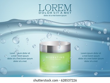 Cosmetic hand cream box.Premium ads,mask and skincream bottle isolated on blue background under water with bubbles and drops.For web site,poster,placard,advert and marketing