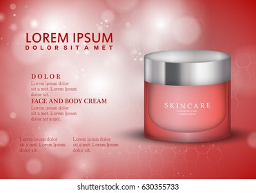 Cosmetic hand cream box.Premium ads,mask and skincream bottle isolated on red sparkly and shiny background.For web site,poster and placard.Also useful for marketing,social network and blog advert