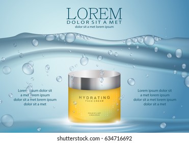 Cosmetic hand cream box.Premium ads,mask and skincream bottle isolated on blue background under water with bubbles and drops.For web site,poster,placard,advert and marketing