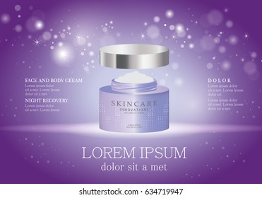 Cosmetic hand cream box.Premium ads,mask and skincream bottle isolated on purple sparkly and shiny background.For web site,poster,placard,advert and marketing