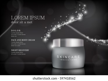 Cosmetic hand cream box.Premium ads,translucent mask and skincream bottle isolated on sparkly and shiny backdrop.Color container with lid.For web site,poster,placard,advert and marketing