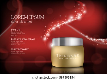 Cosmetic hand cream box.Premium ads,translucent mask and skincream bottle isolated on sparkly and shiny backdrop.Color container with lid.For web site,poster,placard,advert and marketing