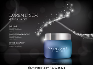 Cosmetic hand cream box.Premium ads,translucent mask and skincream bottle isolated on black sparkly and shiny backdrop.Color container with lid.For web site,poster,placard,advert and marketing