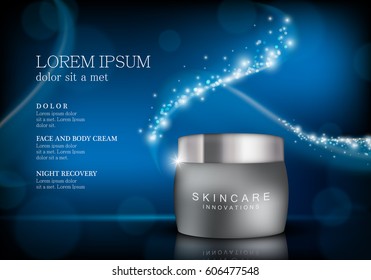 Cosmetic hand cream box.Premium ads,translucent mask and skincream bottle isolated on black sparkly and shiny backdrop.Color container with lid.For web site,poster,placard,advert and marketing