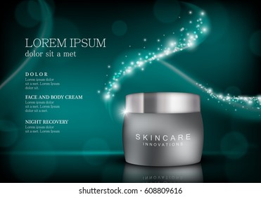 Cosmetic hand cream box.Premium ads,translucent mask and skincream bottle isolated on green sparkly and shiny backdrop.Color container with lid.For web site,poster,placard,advert and marketing